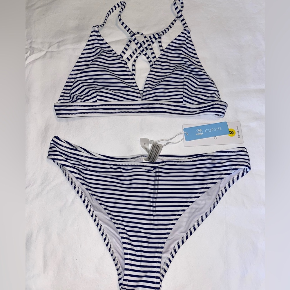Navy and White Striped Bikini